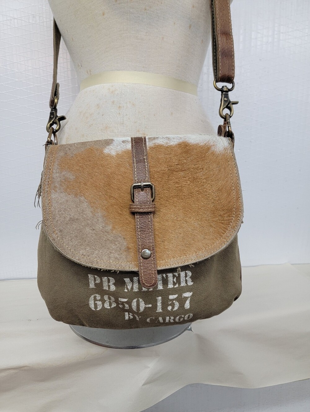 Myra Bag Canvas & Leather Hide Crossbody Bag Upcycled Military Canvas